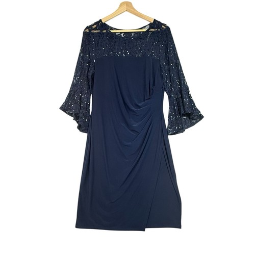 Adrianna Papell Kleid Damen Gr. 10 Glockenärmel Spitzenbesatz dunkelblau Dress Party