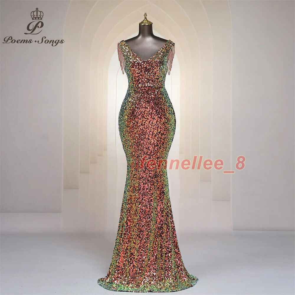 Tassel Beaded Evening Dress Women V Neck Sequins Zipper Back Long Party Gown