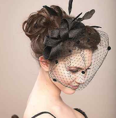 White Beige Black Birdcage Veil Feather Fascinator Bridal Wedding