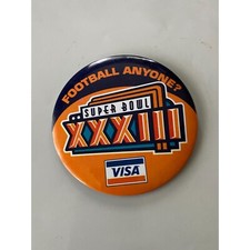Vintage Super Bowl XXXIII Button Visa 'Football Anyone?' Broncos Falcons