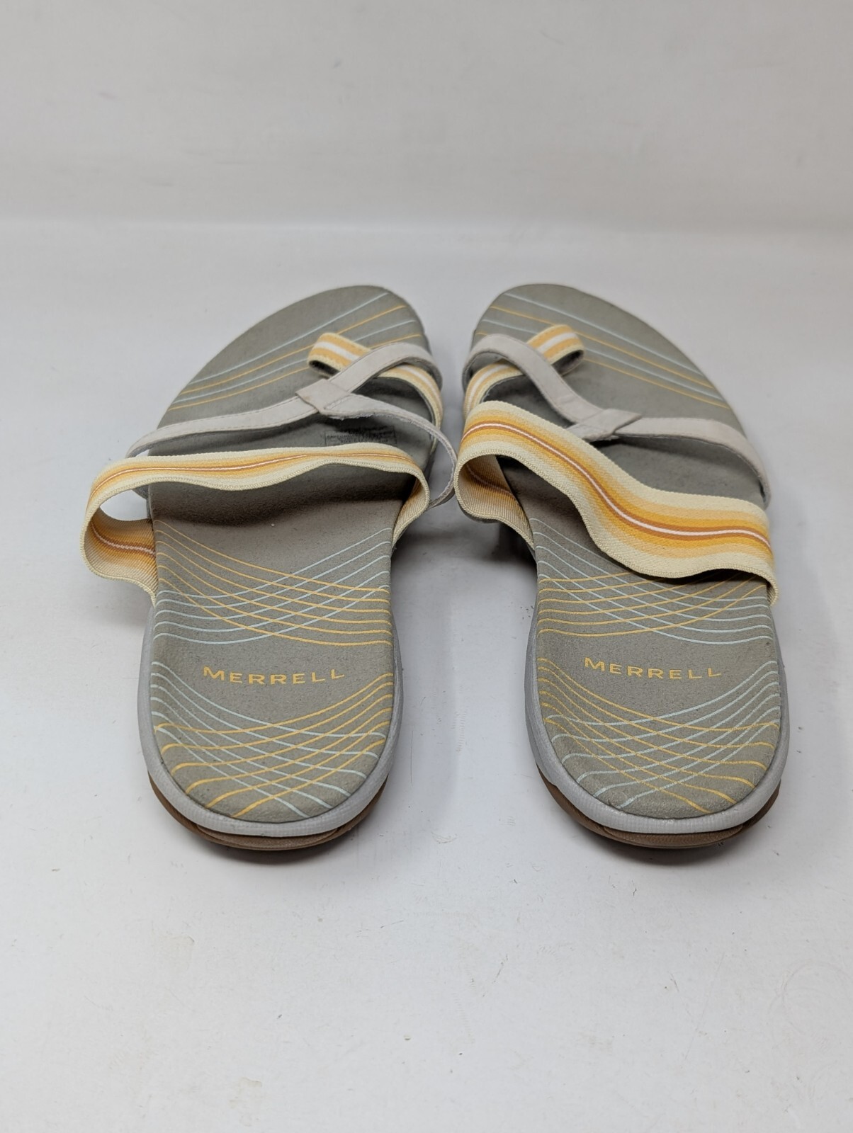 Merrell sandali donna zinnia fodera argento lino giallo grigio cinturino taglia 9 vintage