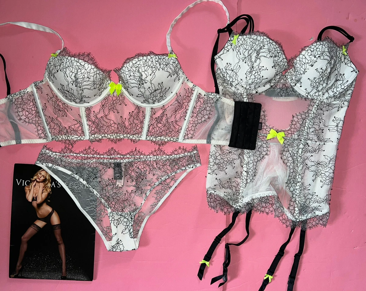 Victoria's Secret longline 32C BRA SET+garter CORSET+S Panty White