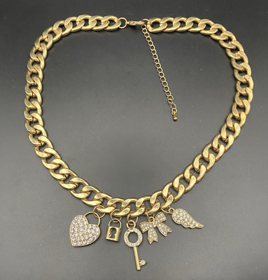 Curb Link Chain Charm Necklace Yellow Gold Tone Heart Lock Key Bow Angel Wing 18