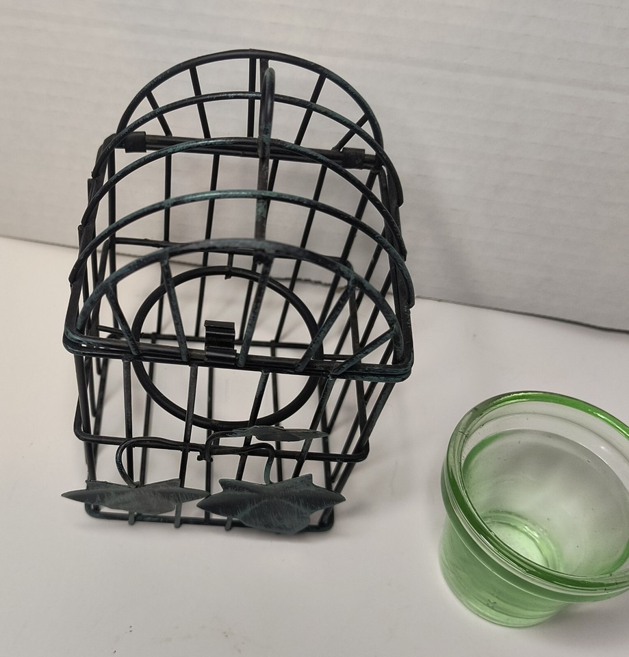Vintage Wire Bird Cage Metal Votive or Plant Holder Hinged Top Leaf