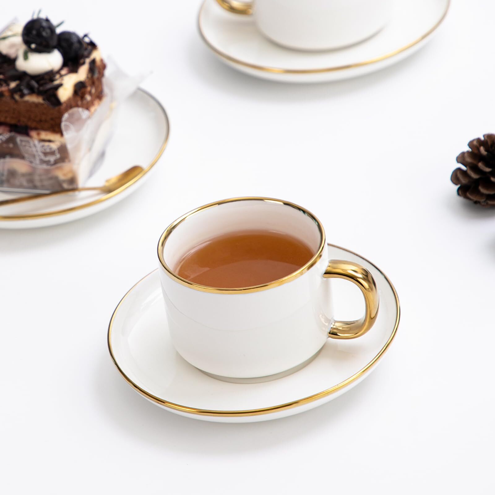 Tea Cups and Saucers with Gold Trim 6.76 Ounce White Porcelain Tea Set ...