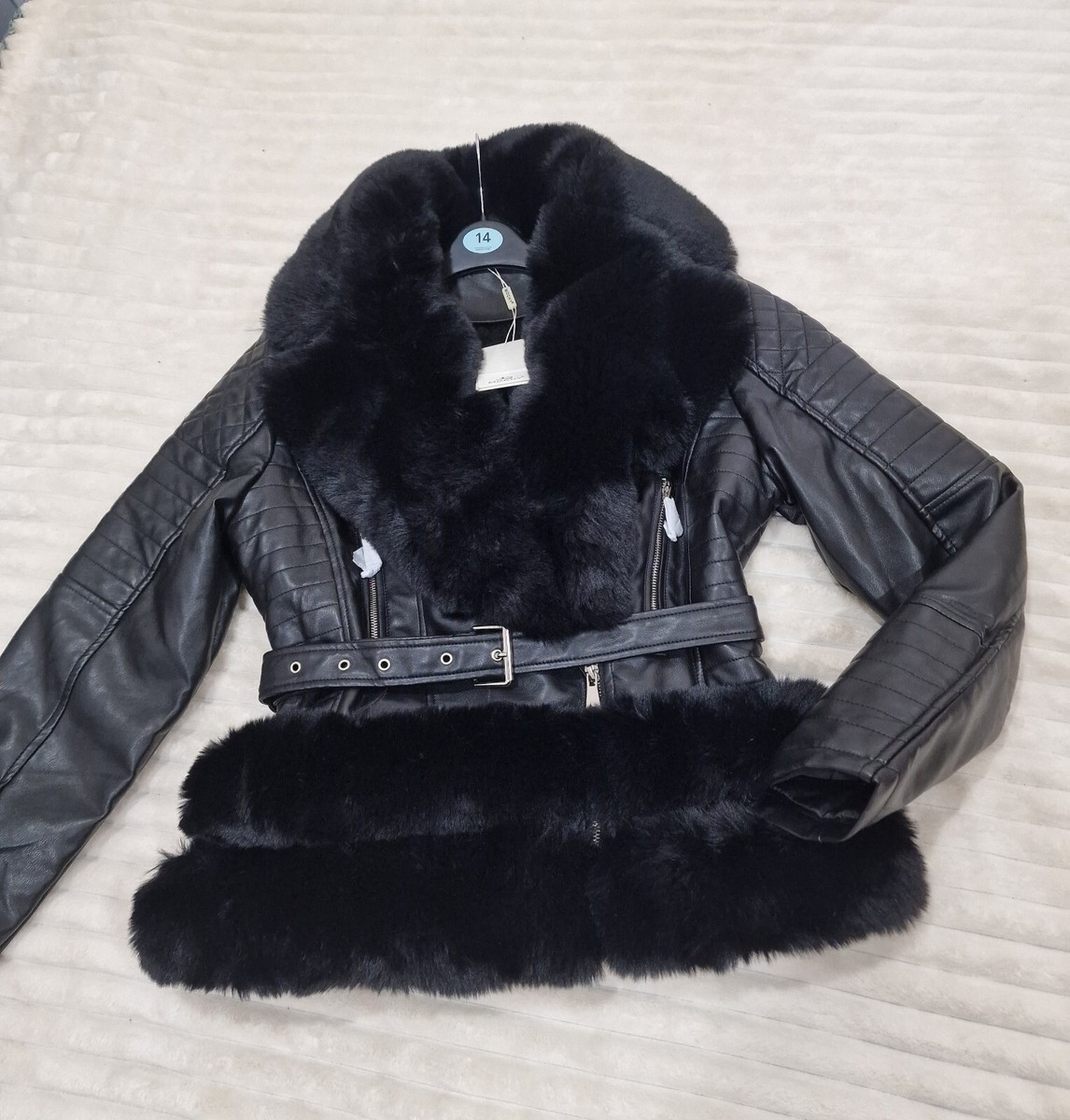 Mochy Faux Fur Trim Fleece Lined Faux Leather Biker Coat Jacket