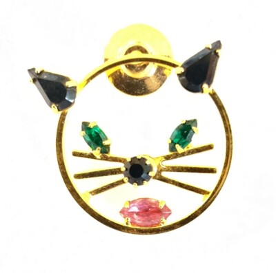 Gold Tone Cat Face Brooch Pin with Multi Colored Faceted Stones