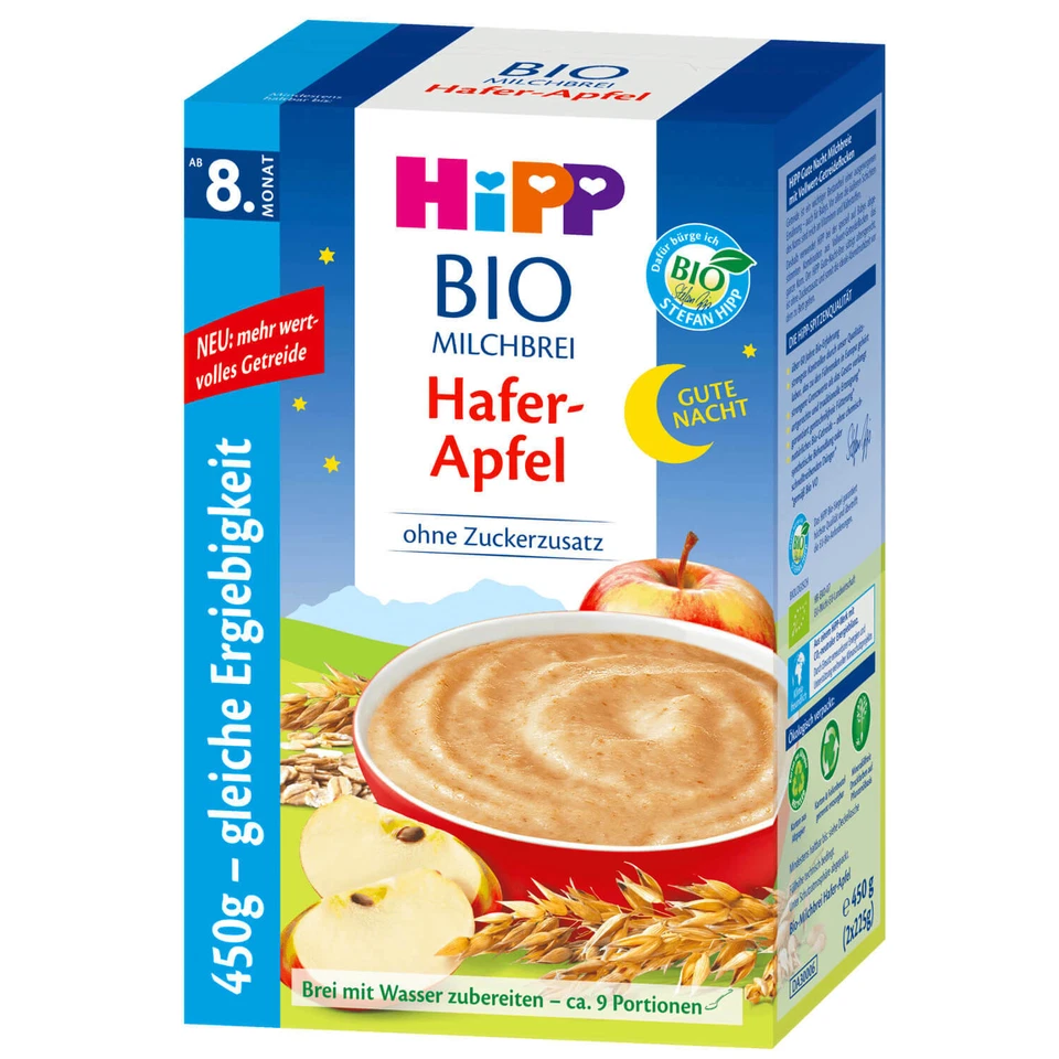 6x 450g Hipp Bio Milchbrei Gute Nacht Hafer Apfel ohne Zuckerzusatz 9 Portionen - Bild 3 von 4