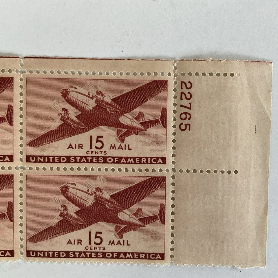 United States stamp~1941~twin motor plane~Air Post~15 cents~#C28~MNH~plate block - Image 2 of 3