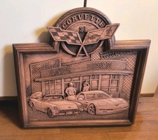 Vintage Kim Murray Corvette 50th Anniversary Carved Wood Plaque Rays Diner Decor