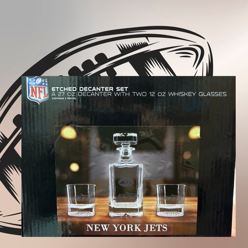 New York JETS Etched Decanter & Whiskey Glass Set 3 Piece Barware New Open Box - Picture 16 of 16