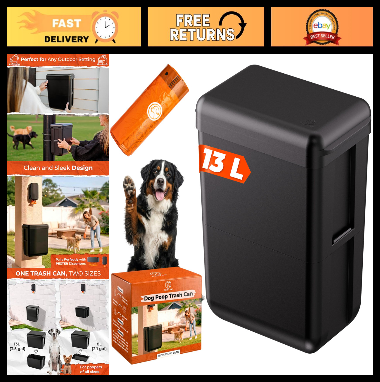 PEXTER Dog Poop Trash Can Outside - Wall Mounted Dog Waste Trash Can - Outdoor D