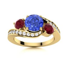 925 Silver Gold Plated 5MM Round Swiss Blue Topaz  Ruby Three Stone Women Ring