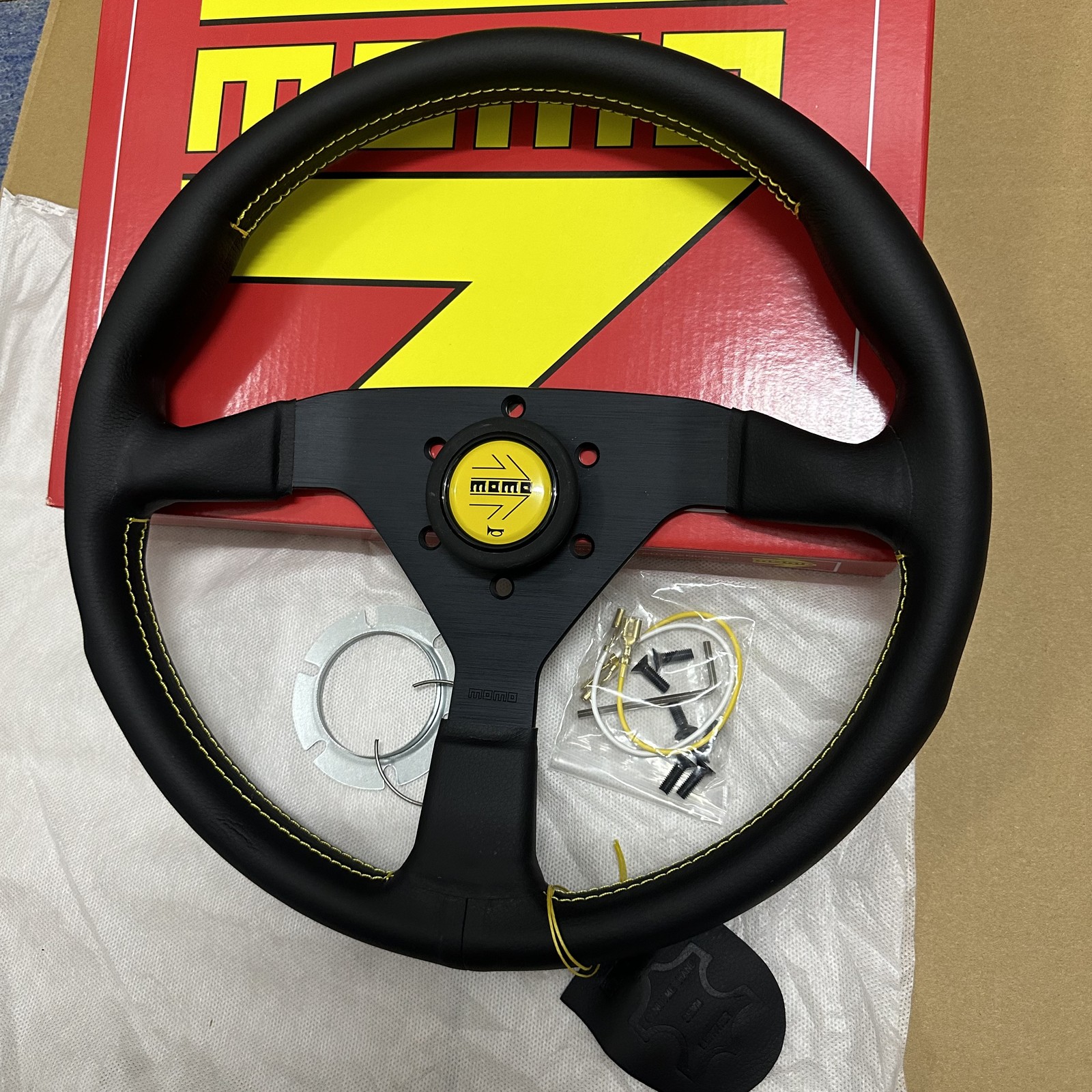 MOMO MonteCarlo Racing 14inch 350mm Leather Sport Steering Wheel Yellow Button
