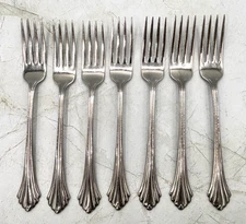 Oneida BANCROFT Glossy Stainless USA Flatware 7 3/8" DINNER FORKS Set of 7 EUC
