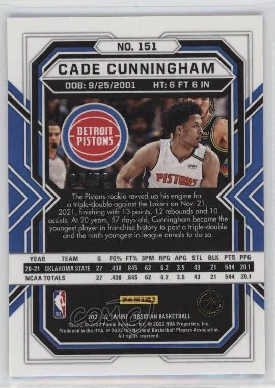 2021-22 Panini Obsidian Electric Etch Orange /50 Cade Cunningham #151 Rookie RC - Image 2 of 2