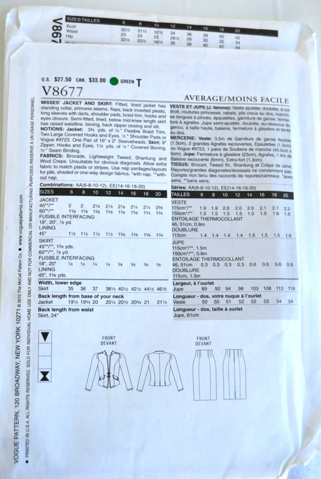 Schnittmuster Vogue V8677 Kostüm Trachtenjacke Gr. 6-12  neu Blazer Rock Divine - Bild 2 von 2