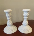 Pair 2 Vtg Fenton White Milk Glass Hobnail 5.75" Candlesticks Candleholder #3674