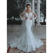 IS-NWT US 8 Luxury Ball Gown Wedding Dresses Sheer Neck Long Sleeves