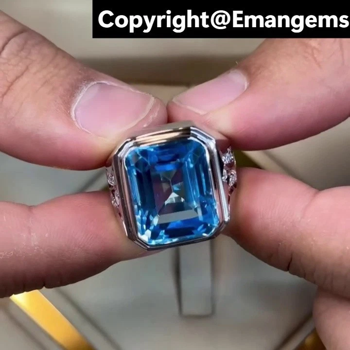 Кольцо с натуральным швейцарским голубым топазом из стерлингового серебра 925 пробы с неотапливаемым квадратным драгоценным камнем - Изображение 2 из 4
