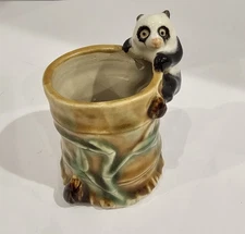Vintage Panda BEAR with Bamboo Ceramic Planter Vase/ Trinket Dish  Marked 3.5" 