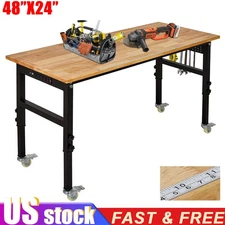 Adjustable Height Workbench 48"L X 24"W Rubber Wood Top Worktable w/Power Outlet