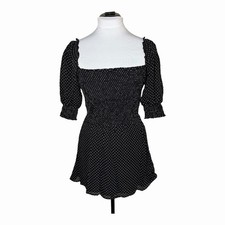 Reformation Elle Smocked Mini Dress Size 0 Polka Dot Black White Puff Sleeves