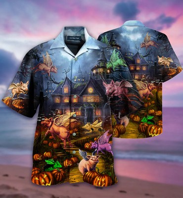 Pigs Taking Flight Halloween Inspired Hawaiian Shirt