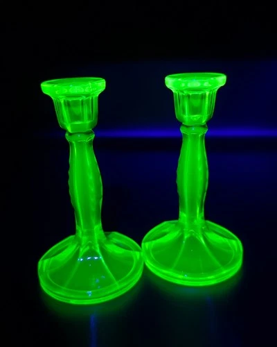 **STUNNING** Fenton Vaseline Candle Stick Holders UV REACTIVE GLOWS 6.75 In