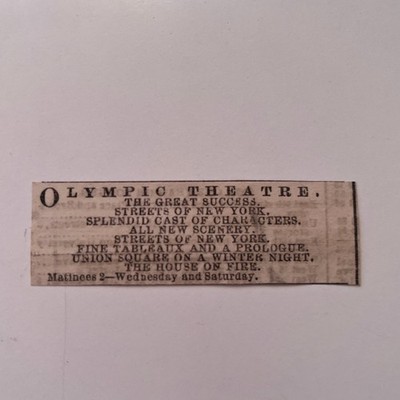 Olympic Theatre Streets Of New York New Scenery 1869 NY Clipping SAJ7-S112