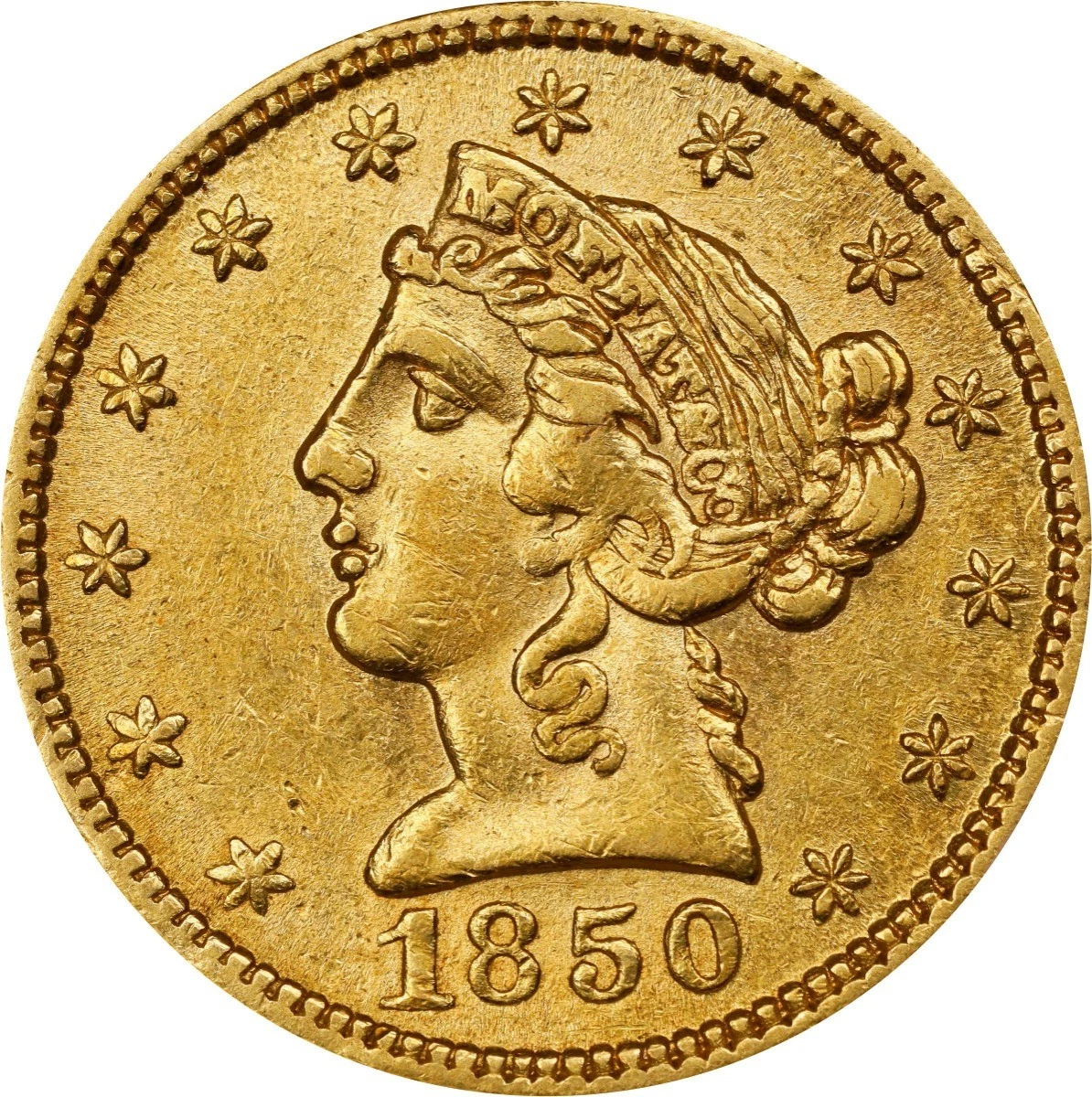 1850 $5 Moffat & Co AU58 (CAC)