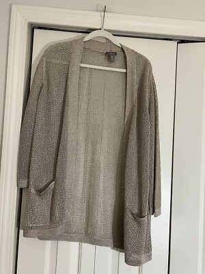 Chicos Travelers Gold Shimmer 3/4 Length Sleeve Cardigan SZ 2 EUC