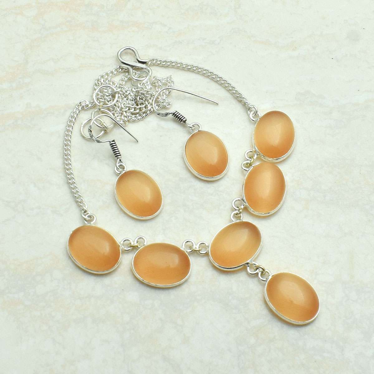 Cat Eye Gemstone Ethnic Handmade Necklace+Earring Jewelry 19 Gms AN 62344