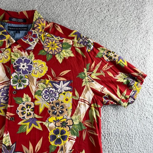 Camisa Tommy Hilfiger Para Hombre Grande Roja Abotonada Hawaiana Floral Aloha Tropical - Imagen 6 de 14