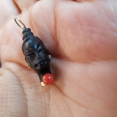 Vintage 14k Yellow Gold Ebony With Coral Like Stone Blackamoor