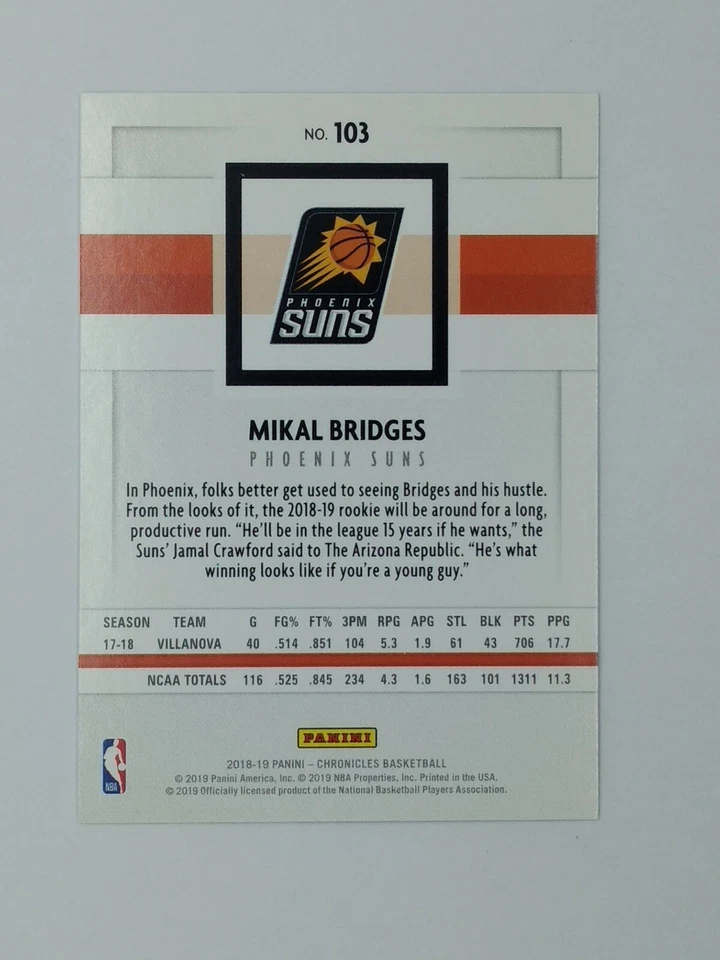 2018-19 Panini Chronicles Pink Mikal Bridges Rookie RC #103, Phoenix Suns - Image 3 of 4