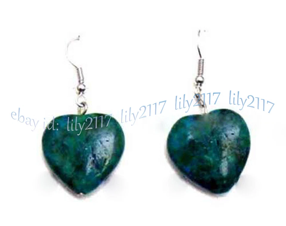 16mm Heart-Shaped Green Azurite Chrysocolla Gemstone Dangle Silver Hook Earrings - Image 2 of 3