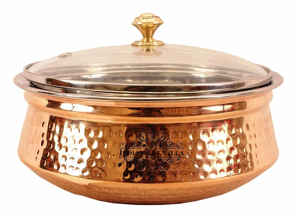  Cazuela martillada de acero de cobre Donga cuenco con tapa de vidrio vajilla 1350 ml Foto 3 de 3