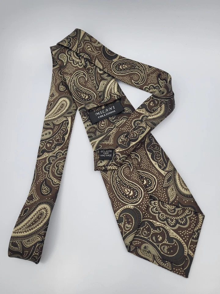 Corbata de poliéster Milani Collezioni marrón dorado negro cachemira para hombre 60 x 3,7/8 Foto 4 de 4