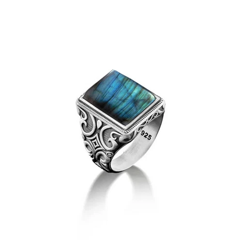 Natural Labradorite 925 Silver Turkish Gemstone Handmade Signet Mens Ring MR#369
