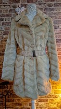 Womans Lucid Vintage Fever Light Beige Faux Fur Coat With Belt Size 12 Uk