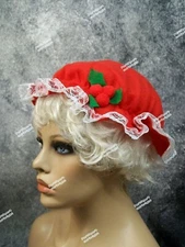 Festive Red White Mrs Claus Hat Mop Cap Mob Colonial Granny Christmas Adult Kid