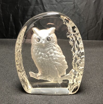 Glass Owl In A Tree Paperweight Etched Design. No Mark