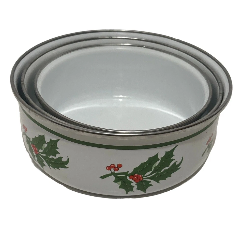 Праздничные эмалированные рождественские чаши набор из 3 предметов Holly Design посуда с серебряной отделкой - Изображение 3 из 4