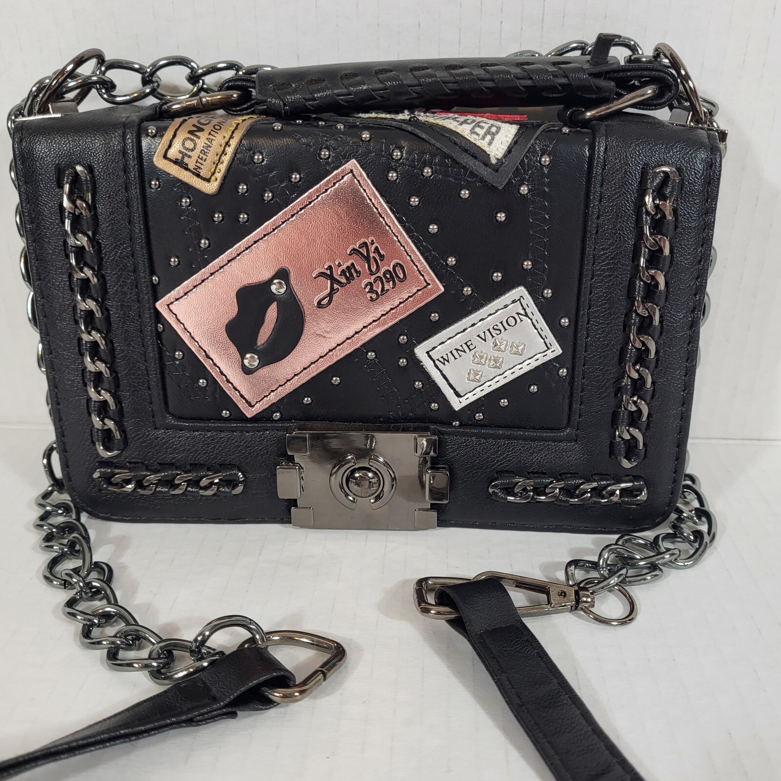 XinYi Crossbody Shoulder Bag Black Faux Leather Y2K Goth Chain Strap  *Flaw*