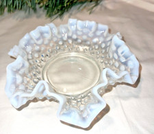 Fenton White Hobnail Glass Bowl with Opalescent Milk Glass Rim Crimped Edges