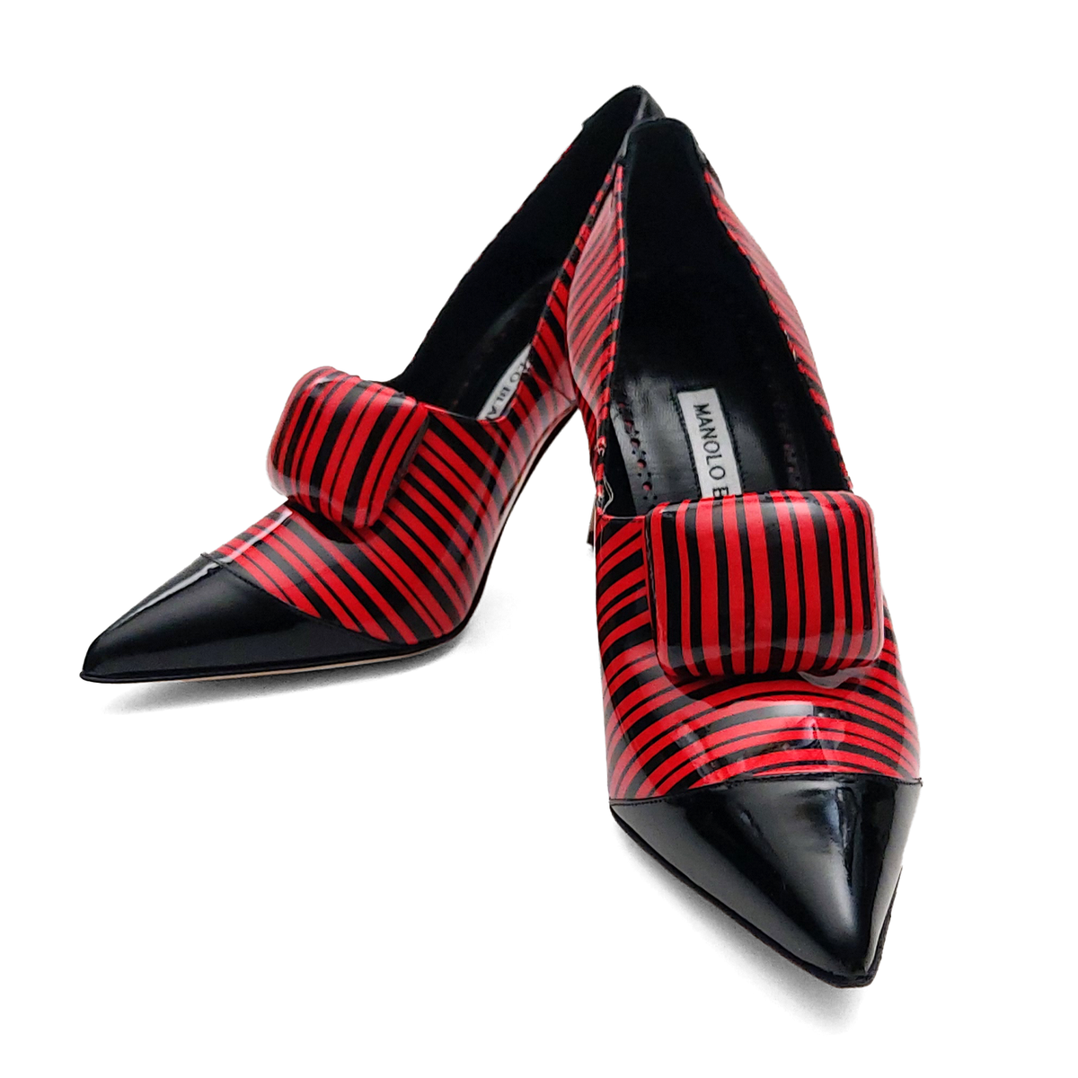 Manolo Blahnik Red & Black Striped Pointed-Toe Pumps Size 37 Manolo Blahnik Red & Black Striped Pointed-Toe Pumps Size 37