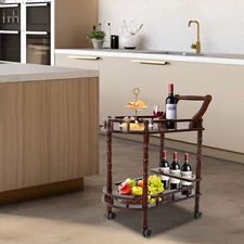 Bar Cart Solid Wood Storage Rack with Bottle Rack Home Bar Service Cart w/Wheels