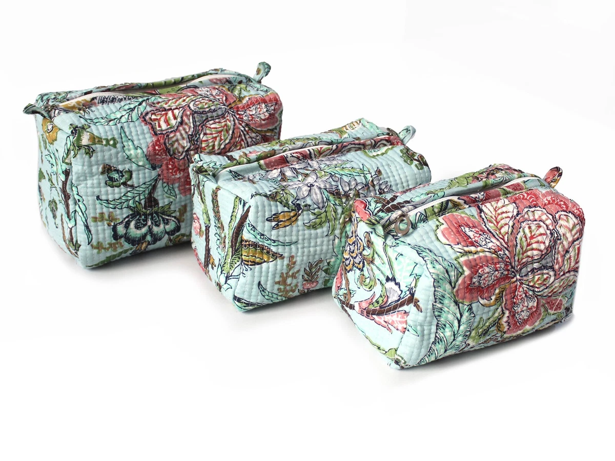 Floral Indian Hand Block Print Quilted Pouch Designer Toiletry Bag 3 Piece  Set