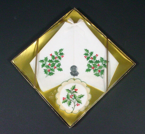 Vintage DESCO Christmas handkerchiefs hankies holly 100% cotton NOS Switzerland